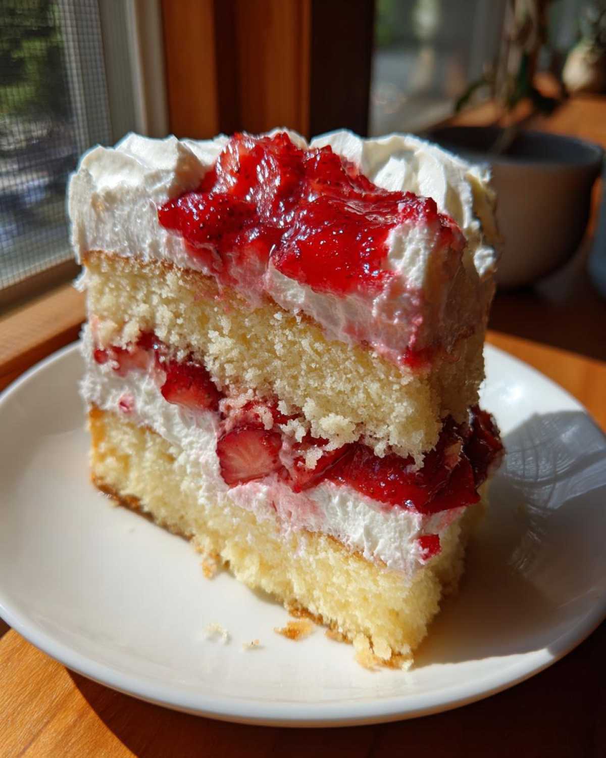 A generous slice of Strawberry Shortcake Sheet Cake featuring layers of yellow cake, whipped cream, and fresh strawberries.