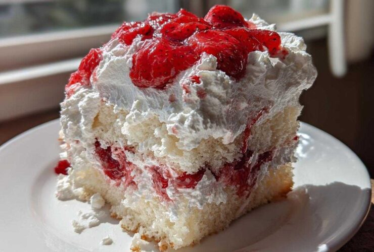 A generous slice of Strawberry Shortcake Sheet Cake layered with cream and topped with macerated strawberries.