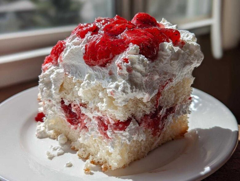 A generous slice of Strawberry Shortcake Sheet Cake layered with cream and topped with macerated strawberries.