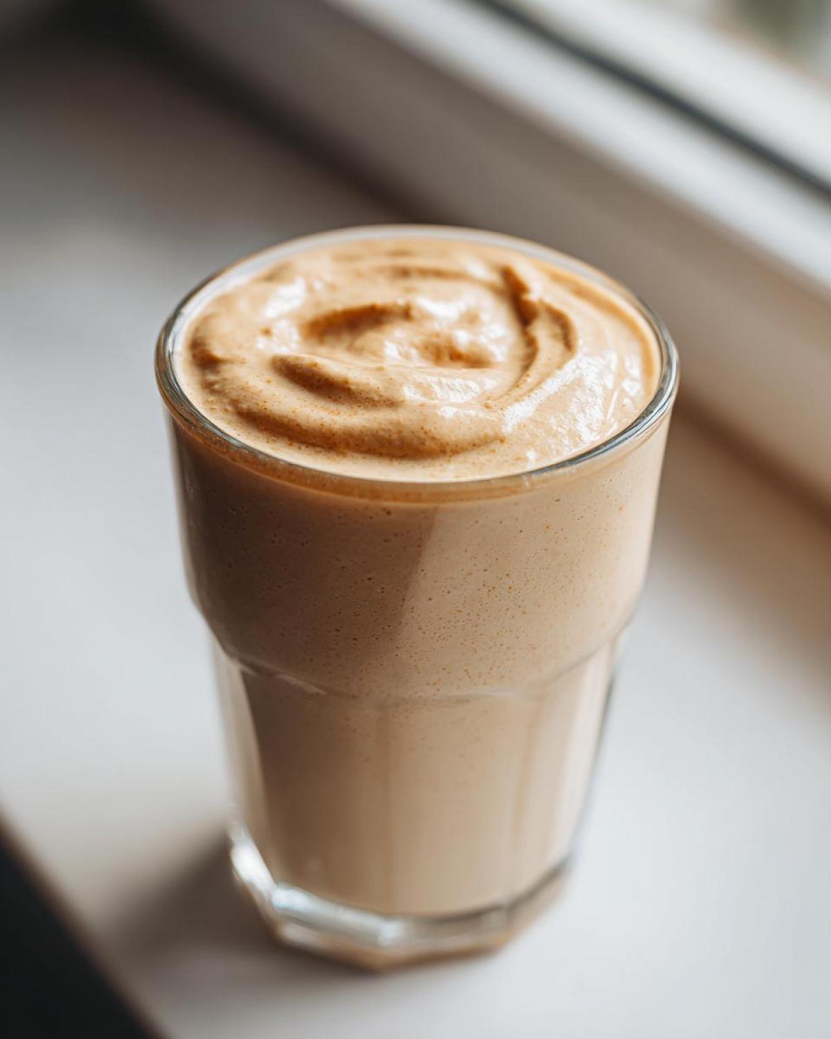 A thick, creamy Banana Peanut Butter Smoothie with a swirled top, served in a tall glass by a window.
