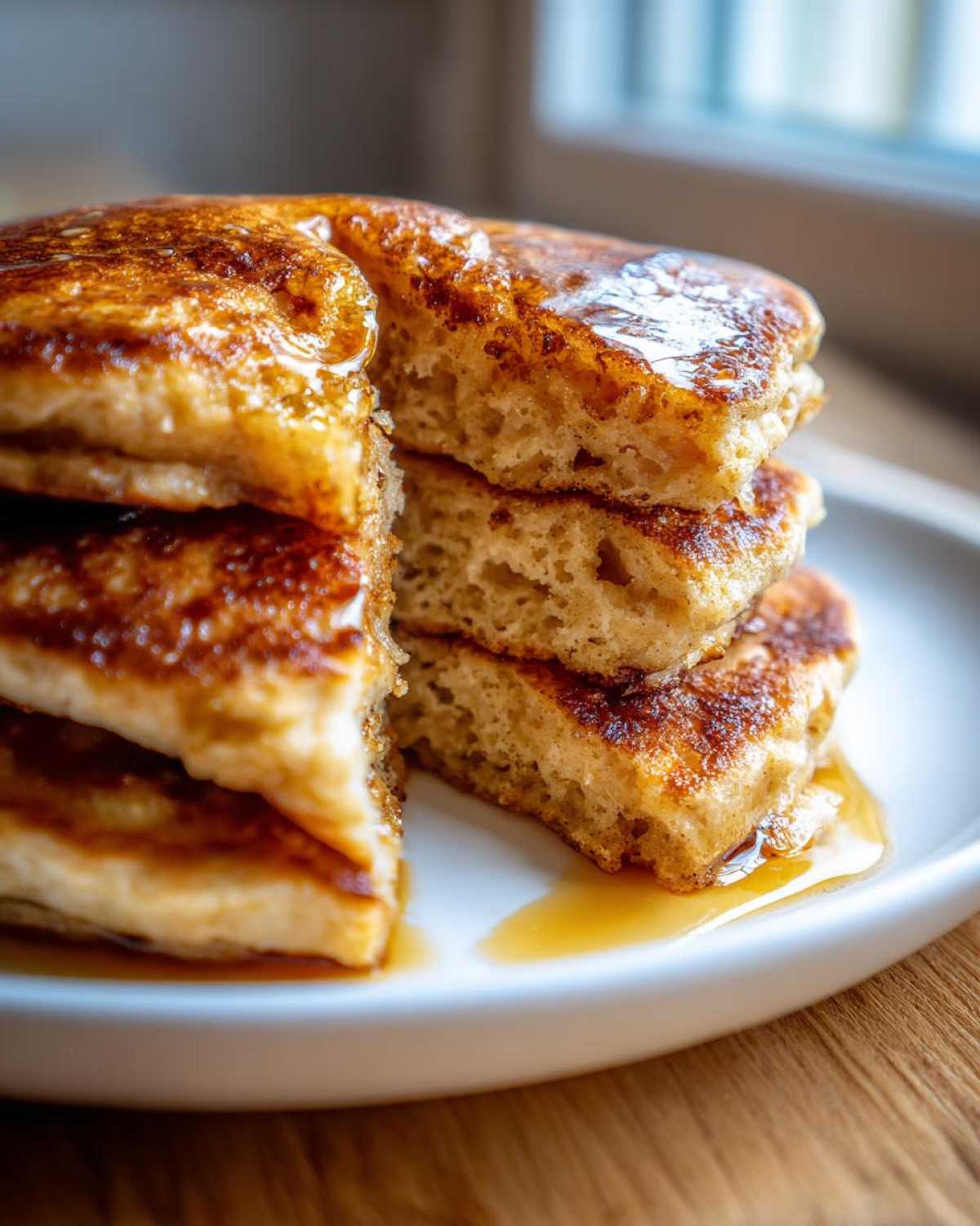 Close-up of a stack of fluffy Vegan Banana Oat Pancakes drizzled generously with maple syrup.