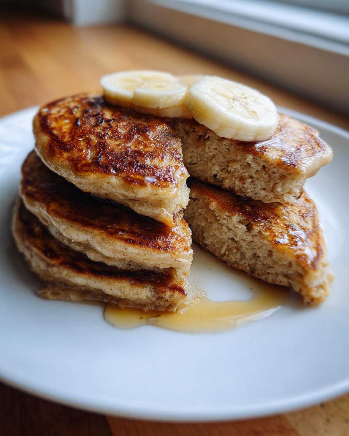A stack of fluffy Vegan Banana Oat Pancakes drizzled with syrup and topped with fresh banana slices.