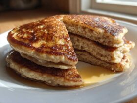 A stack of fluffy Vegan Banana Oat Pancakes, cut to show the interior texture, drizzled with maple syrup on a white plate.