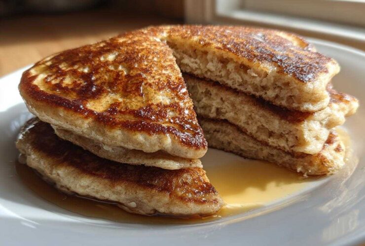 A stack of fluffy Vegan Banana Oat Pancakes, cut to show the interior texture, drizzled with maple syrup on a white plate.