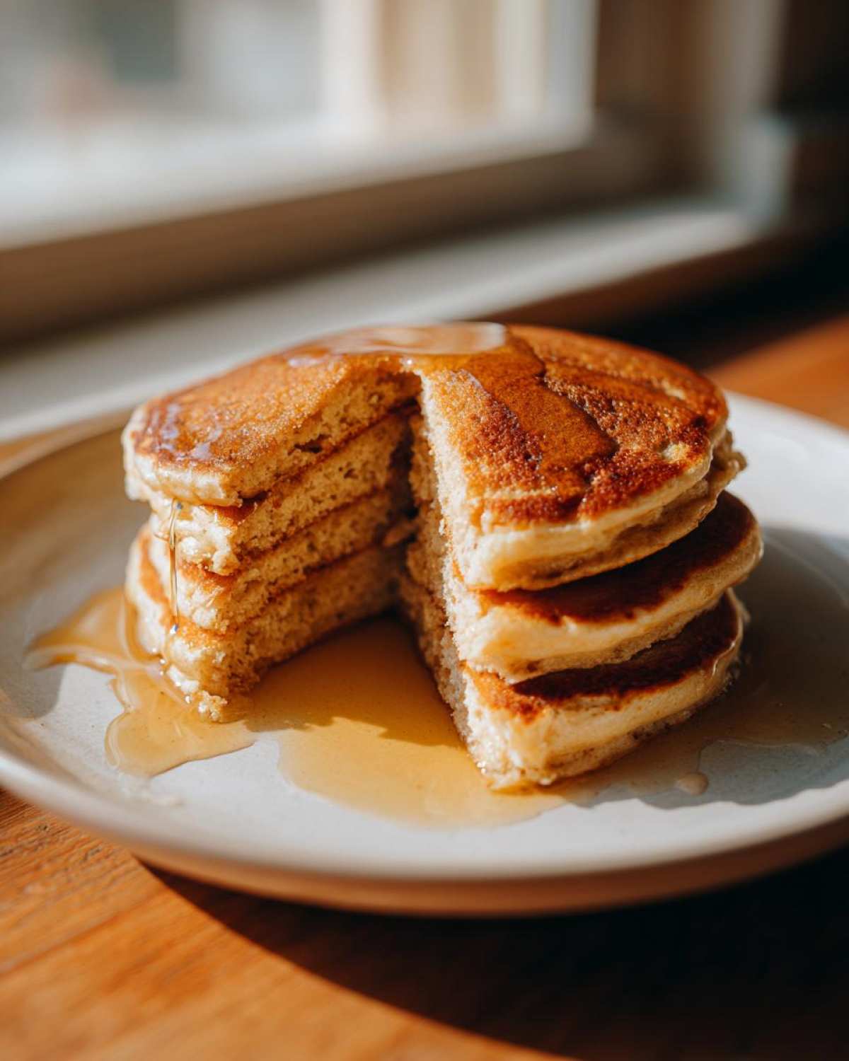 A tall stack of fluffy Vegan Banana Oat Pancakes, cut to show the interior texture, drizzled heavily with maple syrup.