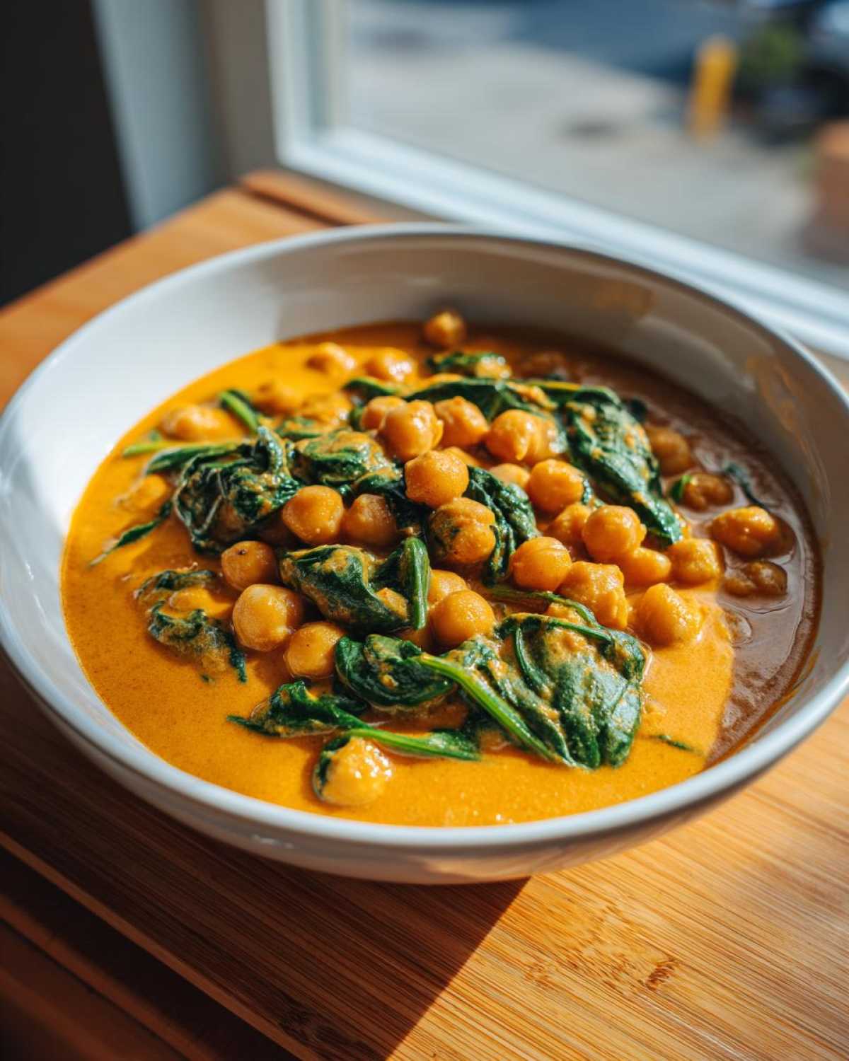 Close-up of a white bowl filled with rich, orange Vegetarian Chickpea Curry with Coconut Milk and wilted spinach.