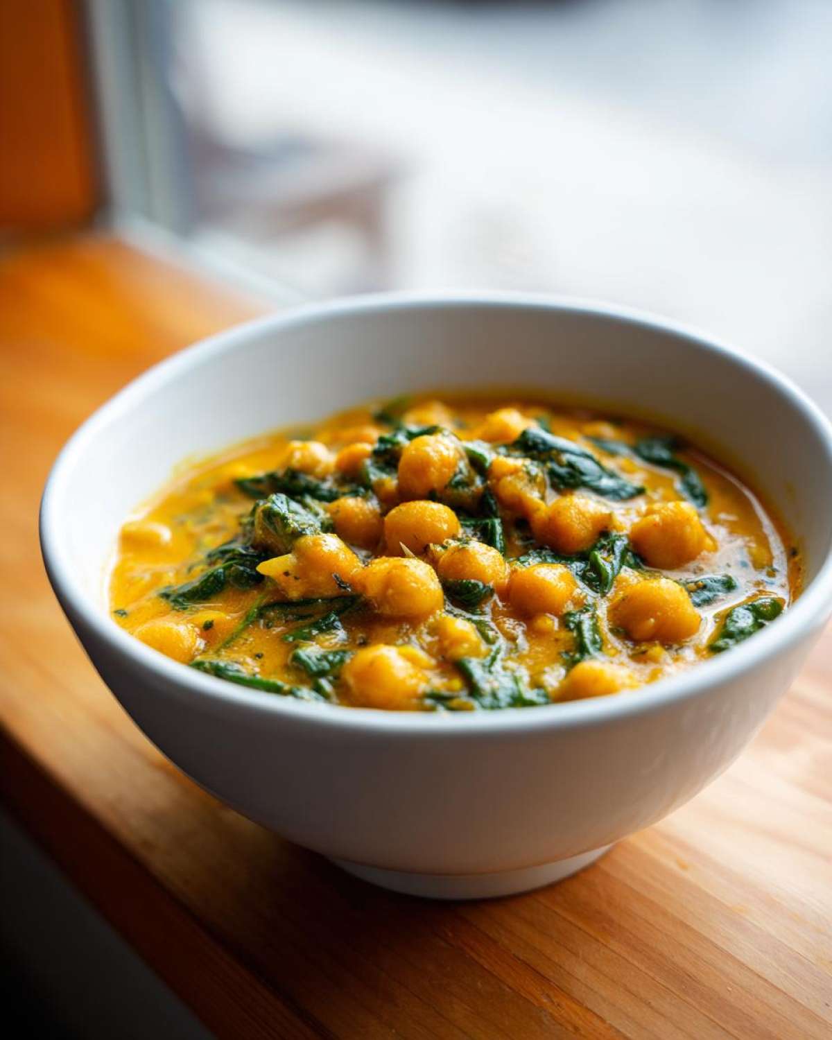 Close-up of a creamy, yellow Vegetarian Chickpea Curry with Coconut Milk featuring bright green spinach leaves in a white bowl.