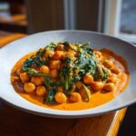A close-up of a rich, orange-hued Vegetarian Chickpea Curry with Coconut Milk topped with wilted spinach.
