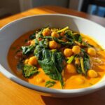 A close-up of a bright orange Vegetarian Chickpea Curry with Coconut Milk featuring whole chickpeas and wilted spinach in a white bowl.