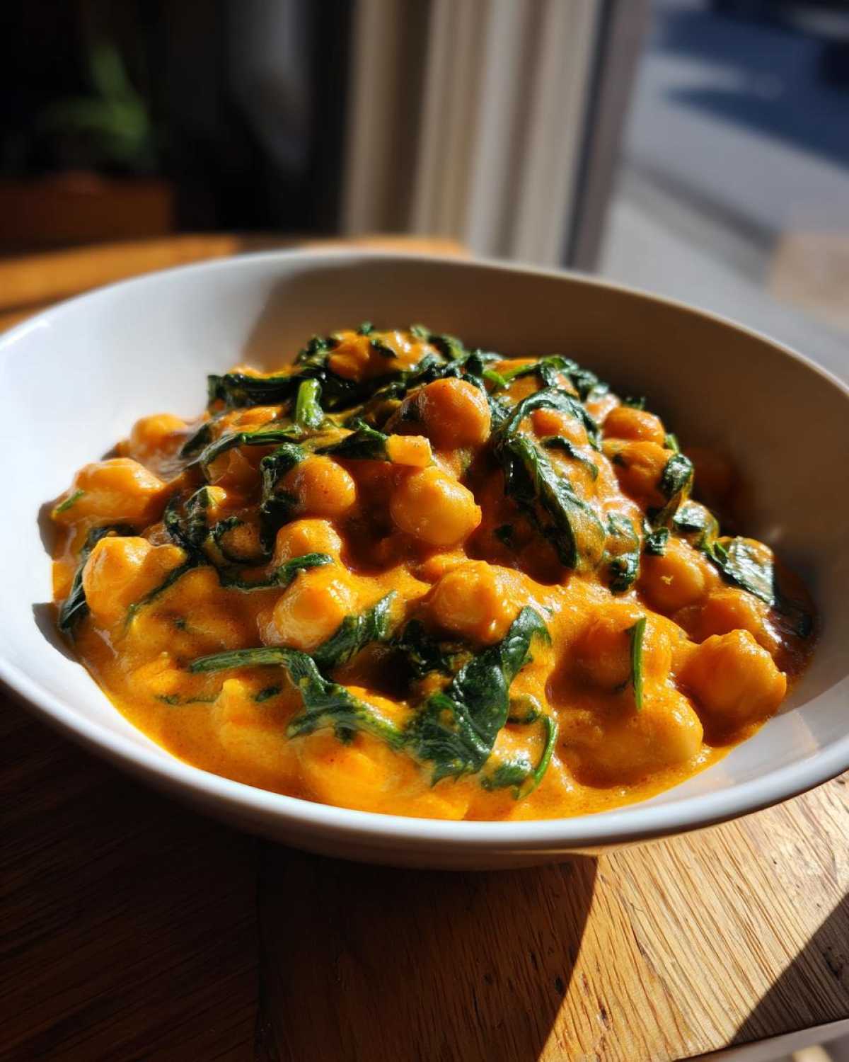 A close-up of a bowl of rich, orange Vegetarian Chickpea Curry with Coconut Milk mixed with wilted spinach.