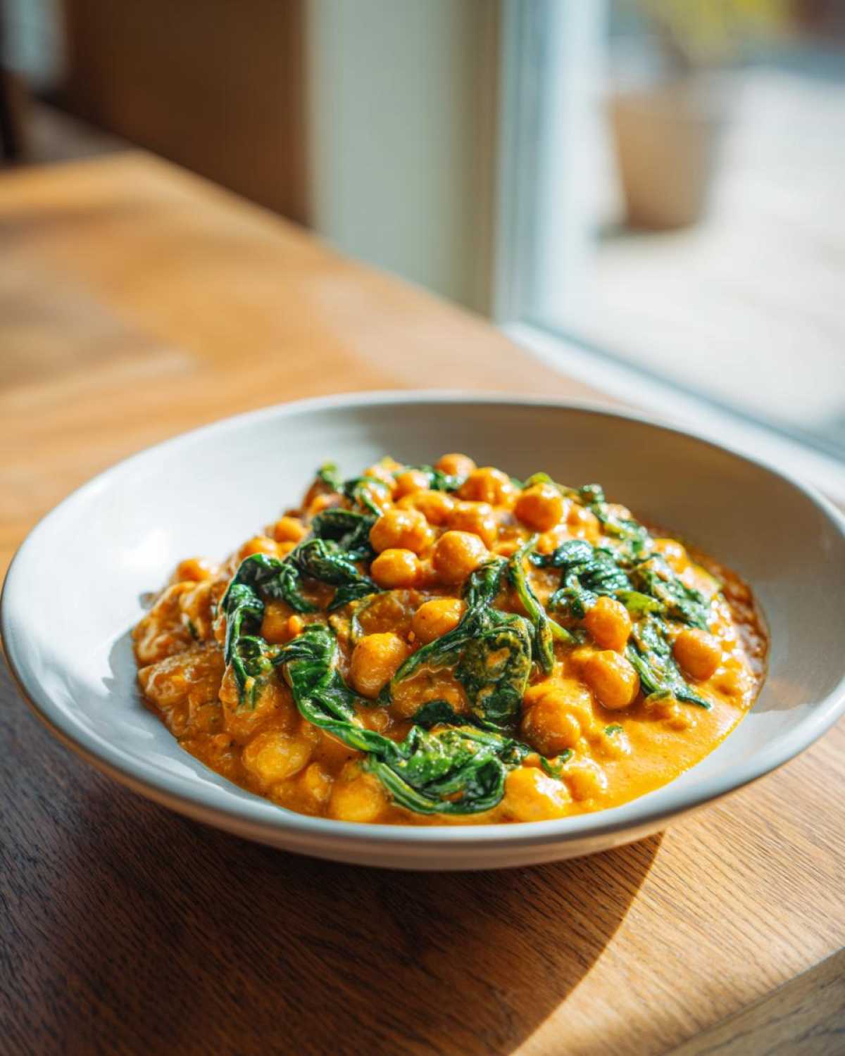 A bowl of rich Vegetarian Chickpea Curry with Coconut Milk topped with wilted spinach.