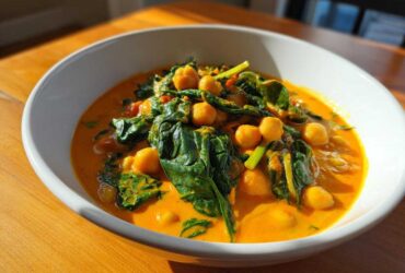 A close-up of a bright orange Vegetarian Chickpea Curry with Coconut Milk featuring whole chickpeas and wilted spinach in a white bowl.