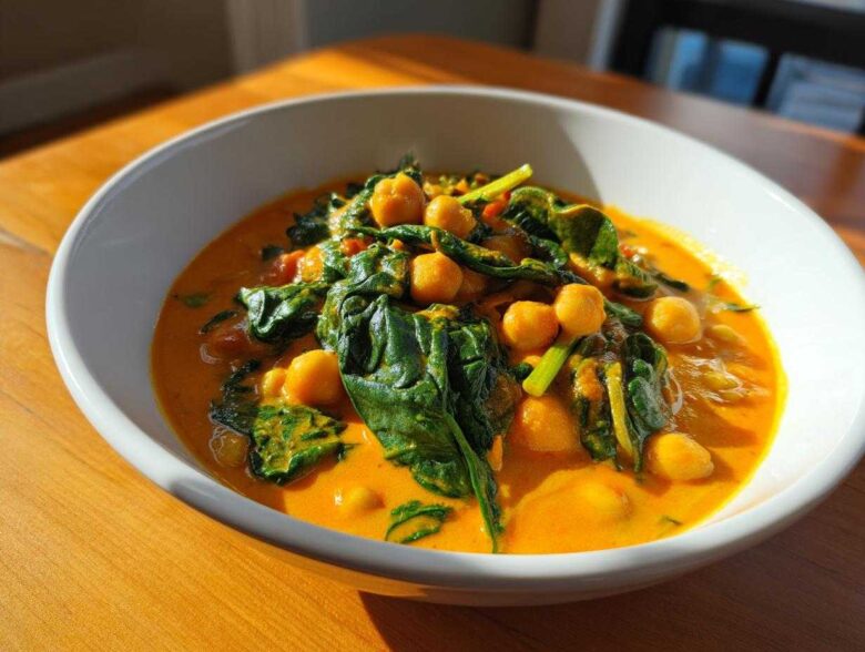 A close-up of a bright orange Vegetarian Chickpea Curry with Coconut Milk featuring whole chickpeas and wilted spinach in a white bowl.